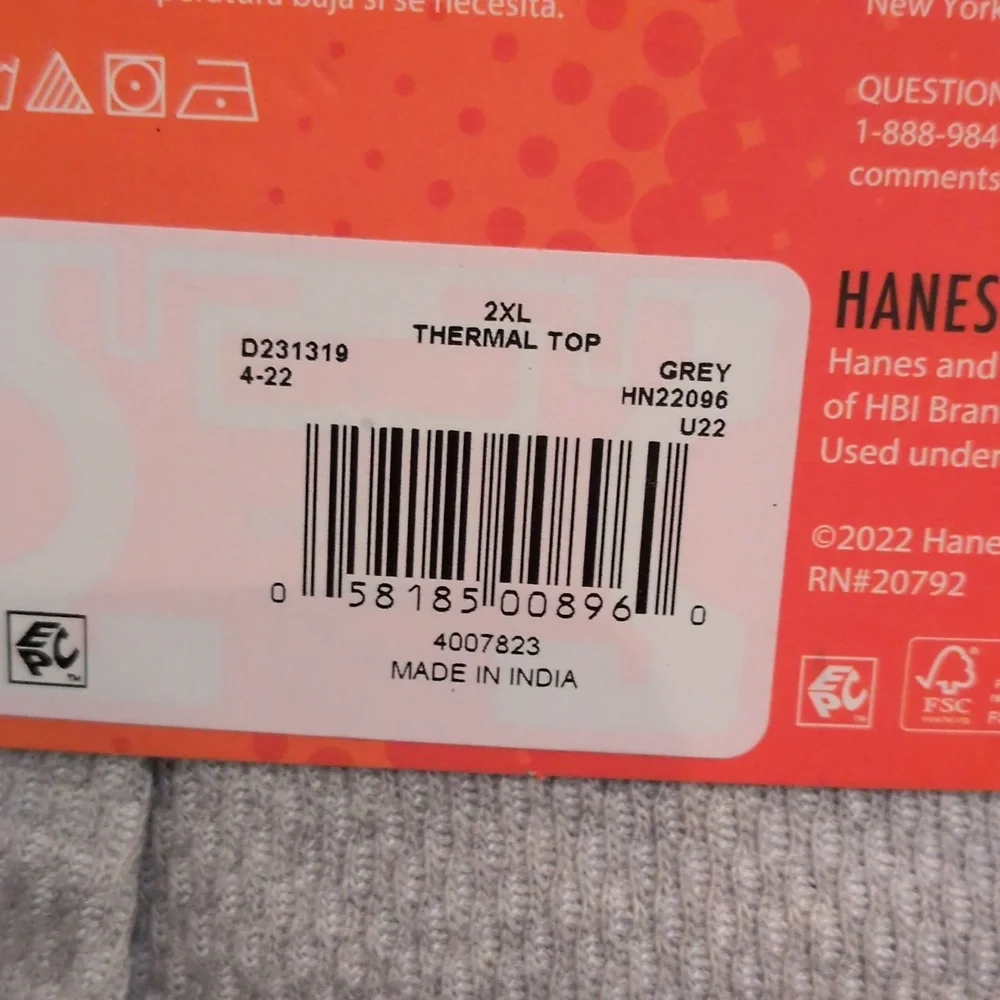 Hanes Men's Reversible Thermal Crew Men's Gray Long Sleeve Size 2X Shirt